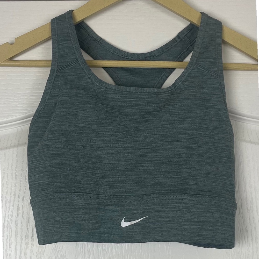 Nike Dri-FIT Womens Medium Racerback Sports Bra Heather Green Space Dye Swoosh